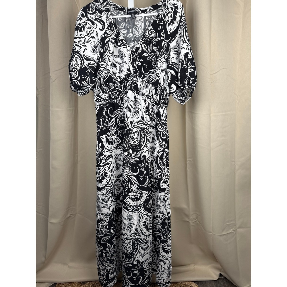 Ellen Tracy Black White Floral Paisley Maxi Dress L – Puff Sleeve Smocked Waist